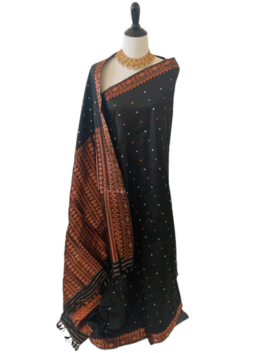 Assam Pat Mulberry Silk Saree | Black | Copper & Silver Zari | Handwoven | Silk Mark Certified | Ships from California